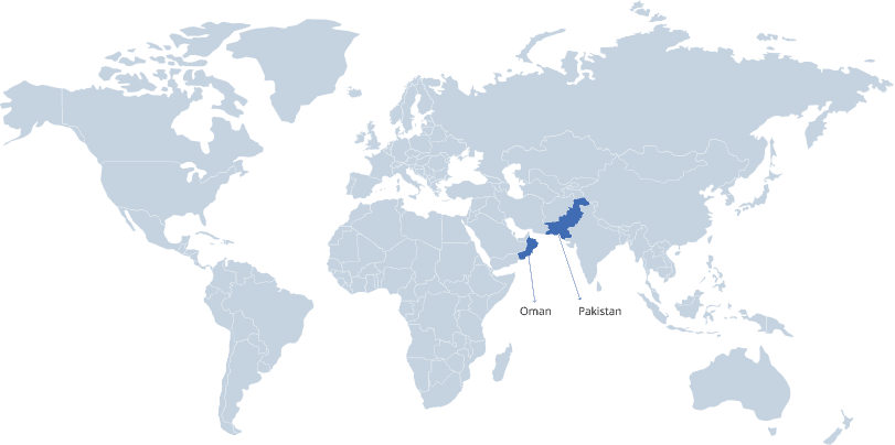 World map highlighting Oman and Pakistan